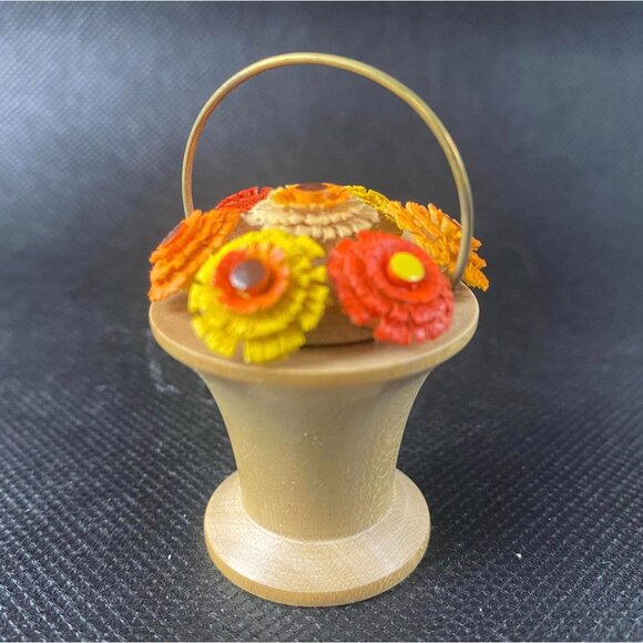 German Democratic Republic Other - Vintage Germany Wooden Miniature Flower Basket With Colorful Floral Accents